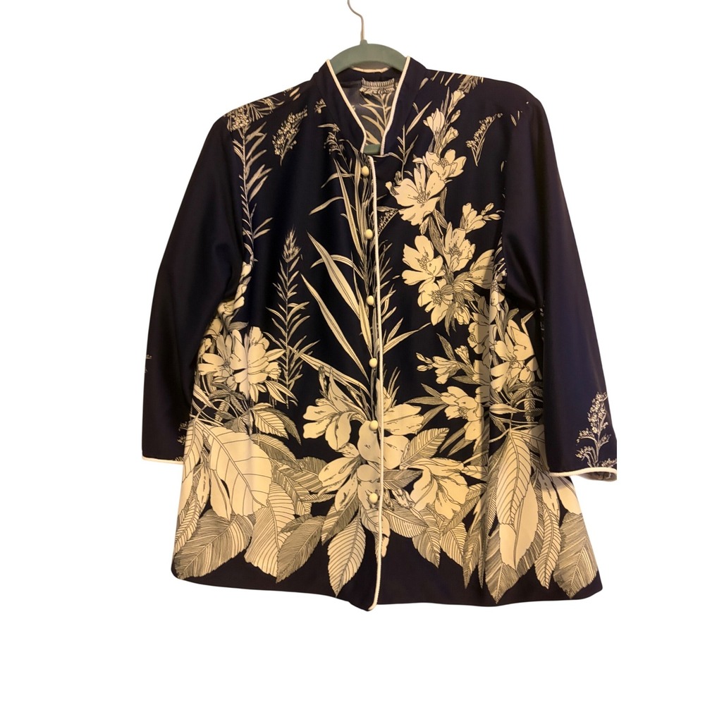 Womens Navy Floral Print Collared Button Front Shirt Top Long Sleeve